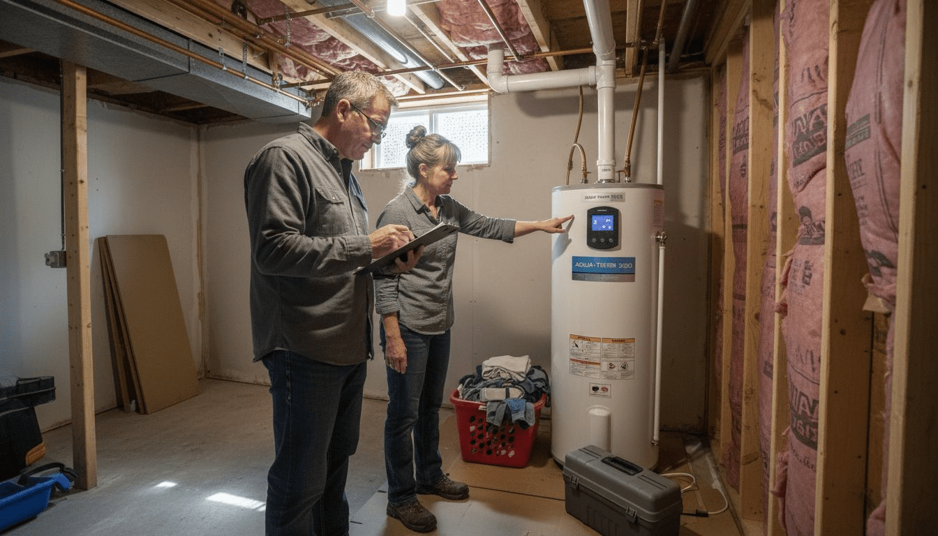 Couple examines basement heat pump water heater