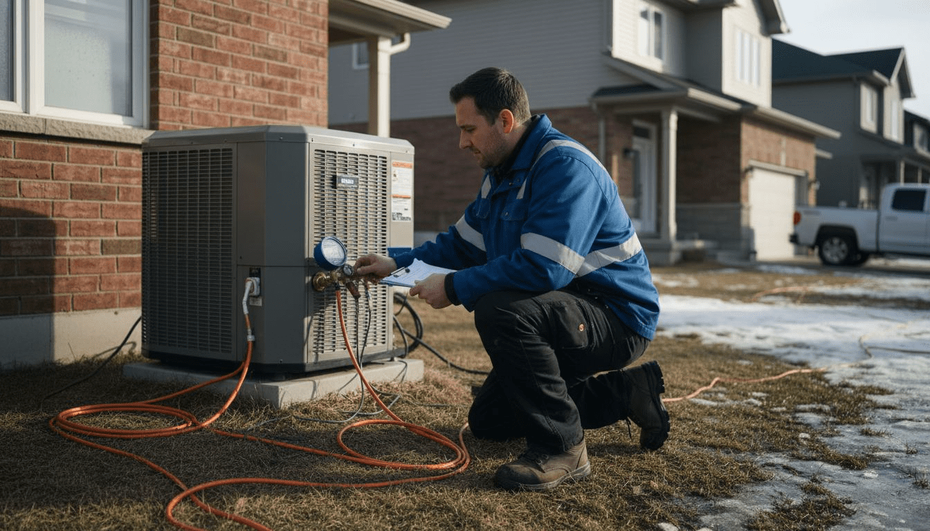 Technician testing heat pump installation outdoors