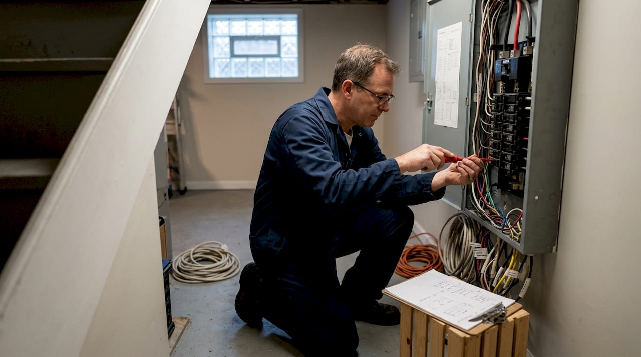 Electrician inspecting open home electrical panel
