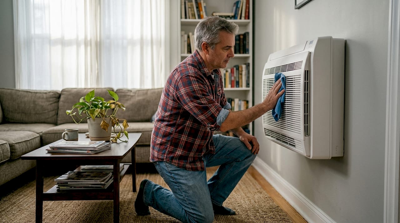 1774661637902_Homeowner-cleaning-heat-pump-vent-in-living-room Homeowner cleaning heat pump vent in living room