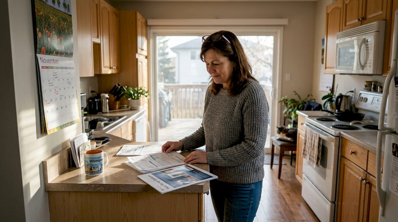 Homeowner reviews heat pump choices in kitchen
