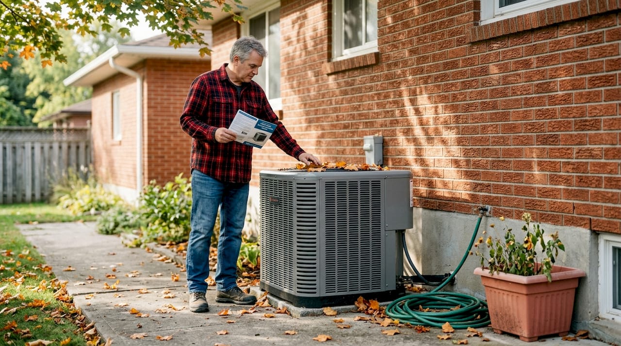 1775704174941_Homeowner-checks-heat-pump-unit-outside-house Homeowner checks heat pump unit outside house