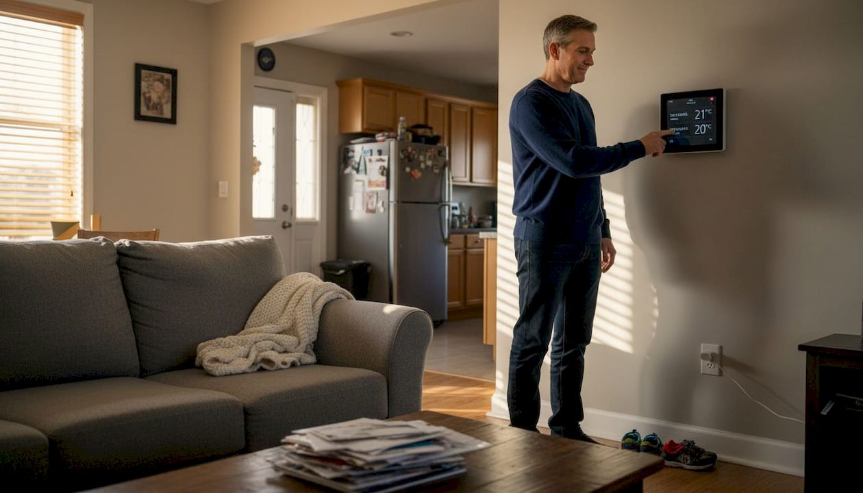 1775963615581_image Homeowner adjusting thermostat for HVAC zones