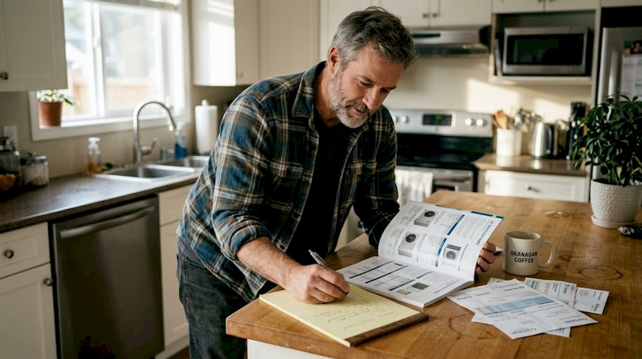 Homeowner researches heat pump options at kitchen