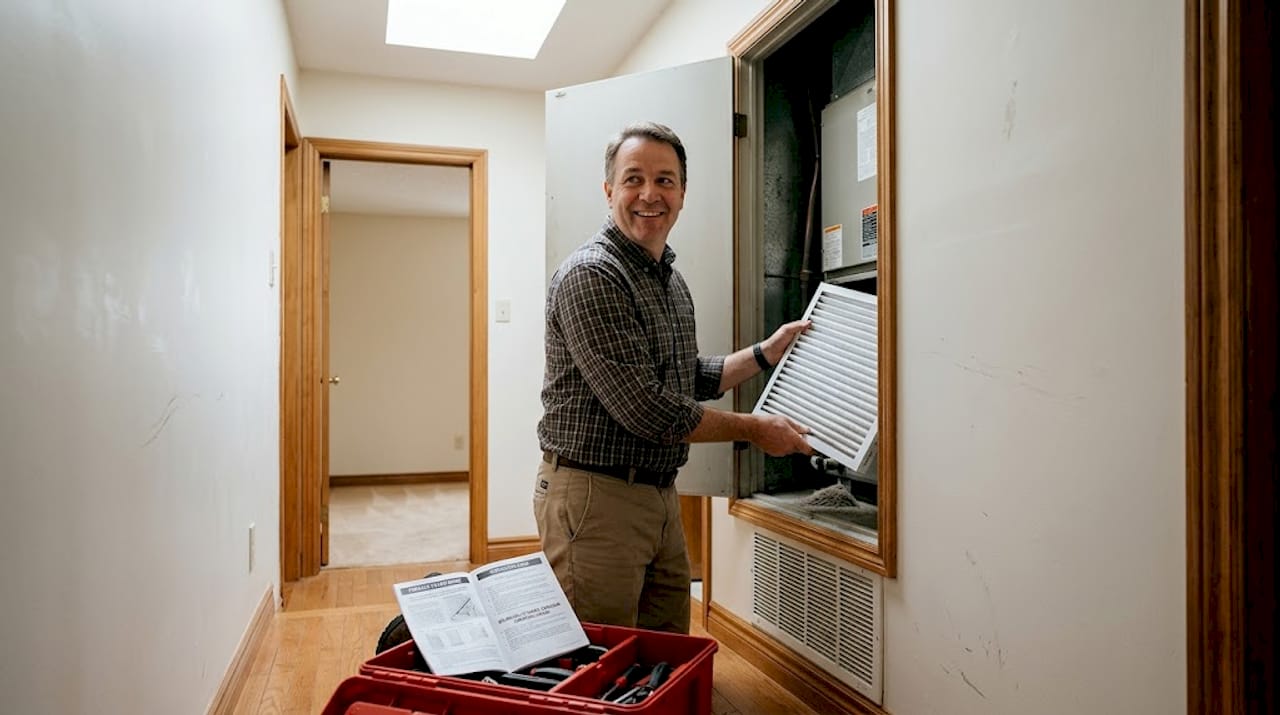 1776402347895_Homeowner-replacing-air-handler-filter-in-hallway-1 Homeowner replacing air handler filter in hallway